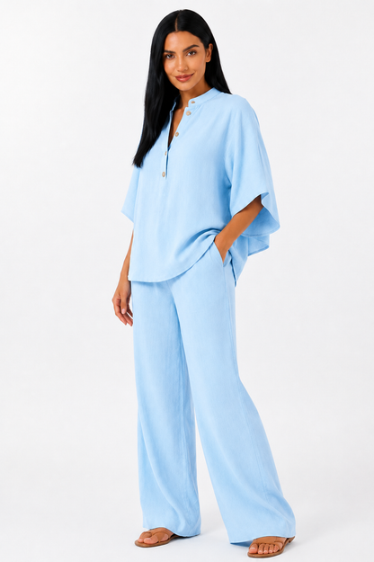 Conjunto de lino fluido Maribel de Vera Serrat, blusa y pantalón ancho en color neutro, diseño elegante y cómodo.