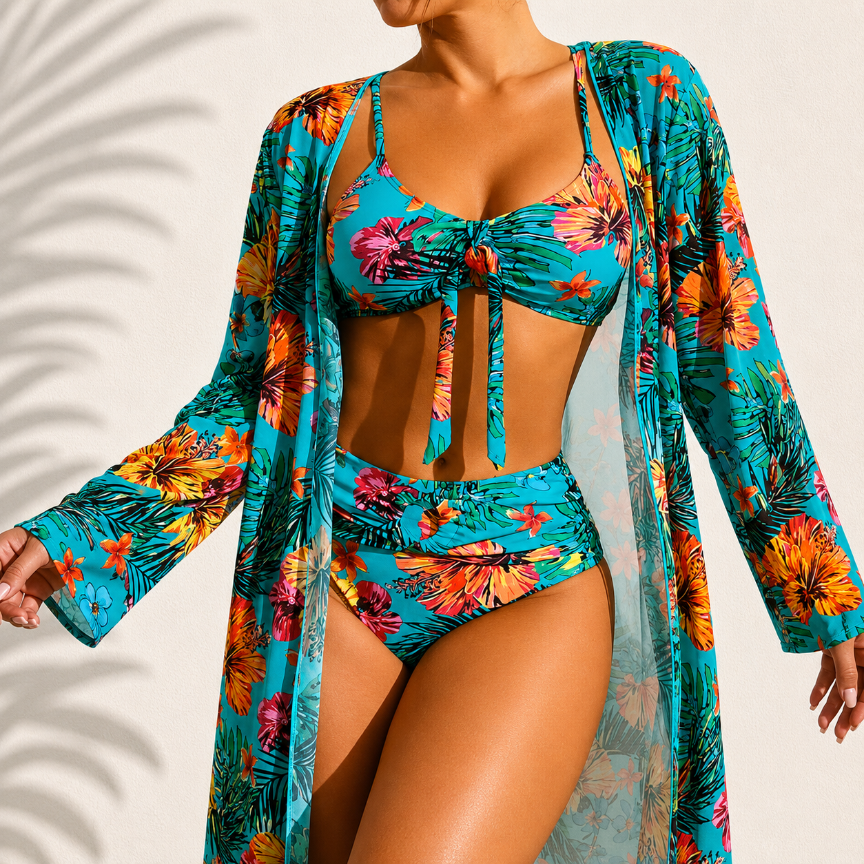 Bikini Tropical de 3 Piezas con Kimono