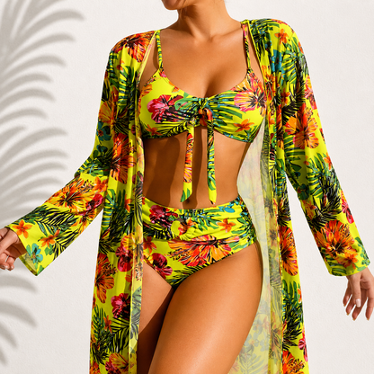 Bikini Tropical de 3 Piezas con Kimono
