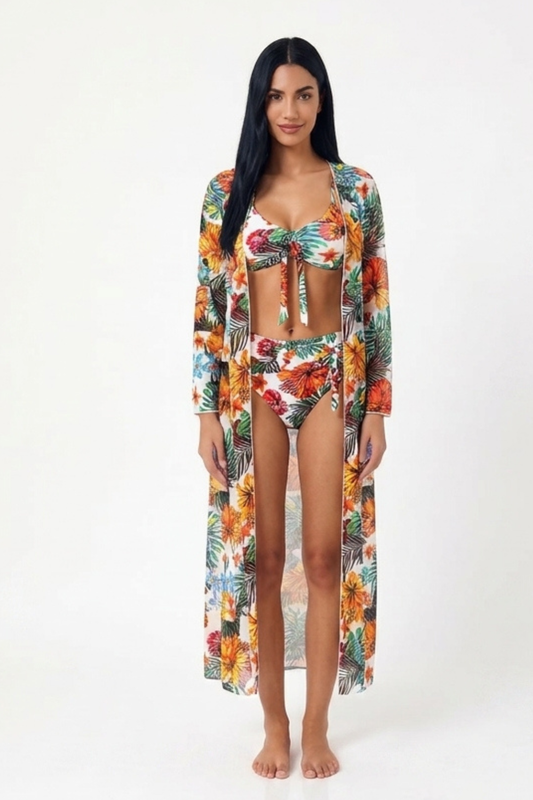 Bikini Tropical de 3 Piezas con Kimono