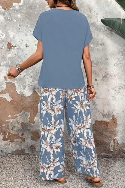 Daniela | Conjunto Floral de Dos Piezas con Pantalón de Pierna Ancha
