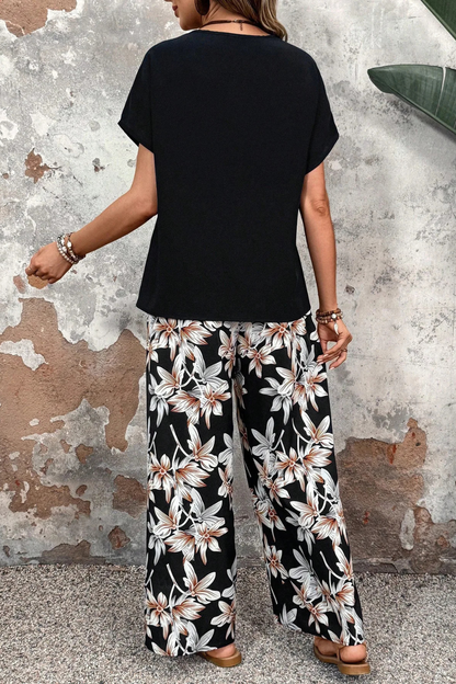 Daniela | Conjunto Floral de Dos Piezas con Pantalón de Pierna Ancha