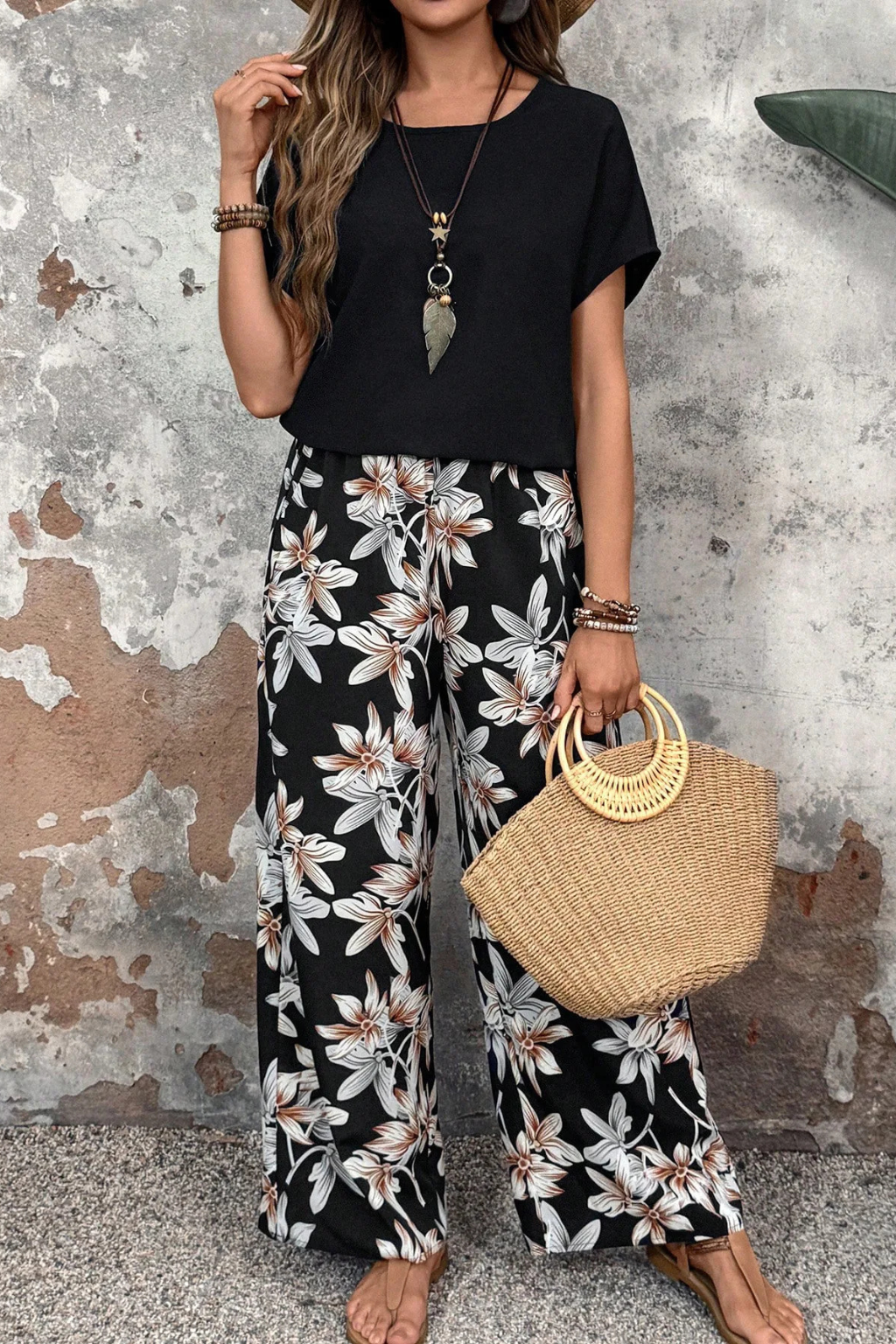 Daniela | Conjunto Floral de Dos Piezas con Pantalón de Pierna Ancha