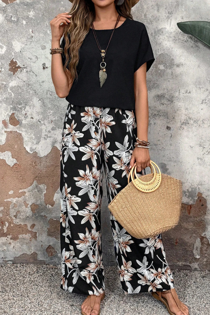 Daniela | Conjunto Floral de Dos Piezas con Pantalón de Pierna Ancha