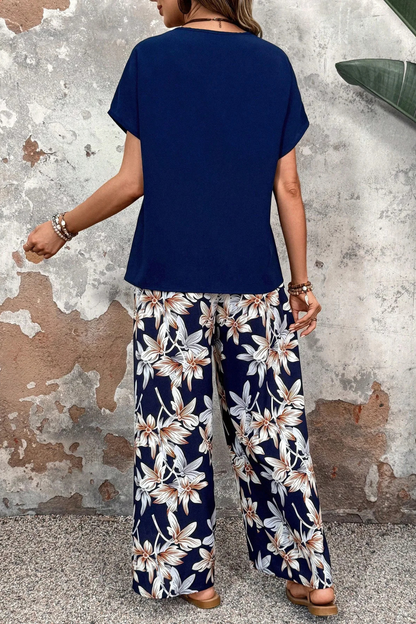 Daniela | Conjunto Floral de Dos Piezas con Pantalón de Pierna Ancha