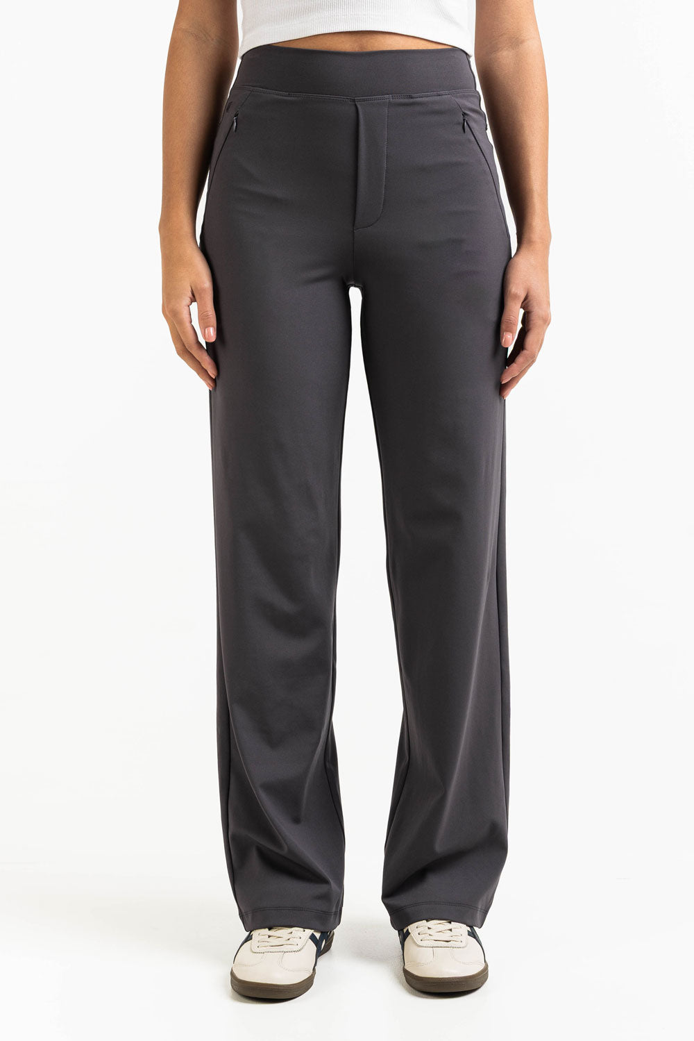 Pantalón elástico de tiro medio MADLADY, pantalones cómodos y ajustados para mujer, en color oscuro con cintura elástica.