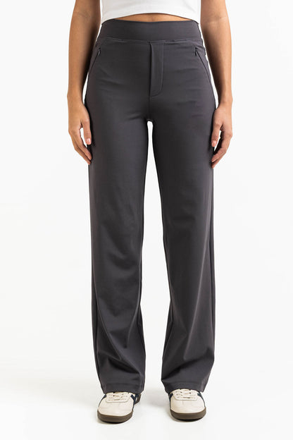 Pantalón elástico de tiro medio MADLADY, pantalones cómodos y ajustados para mujer, en color oscuro con cintura elástica.