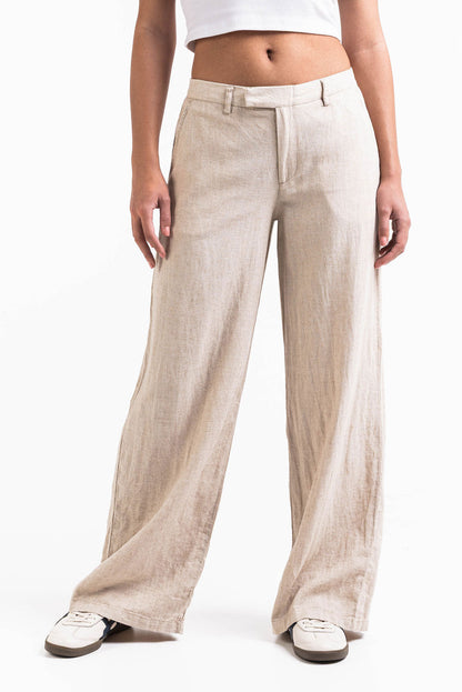 Pantalón ancho de lino MADLADY, pantalones de verano en tela ligera y fresca, en color beige con cintura flexible y bolsillos laterales.