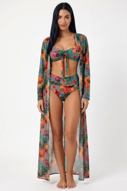 Bikini Tropical de 3 Piezas con Kimono