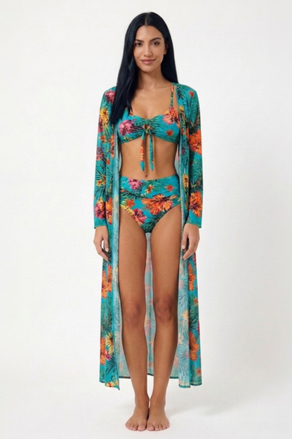 Bikini Tropical de 3 Piezas con Kimono