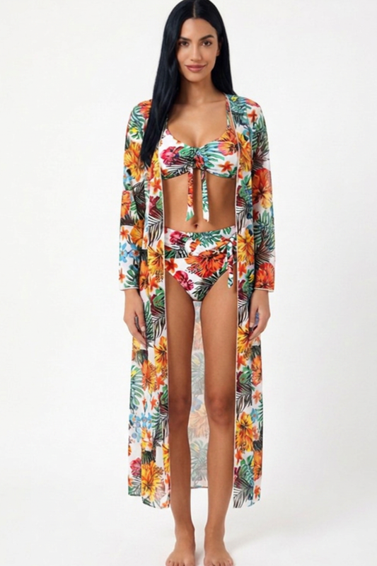 Bikini Tropical de 3 Piezas con Kimono