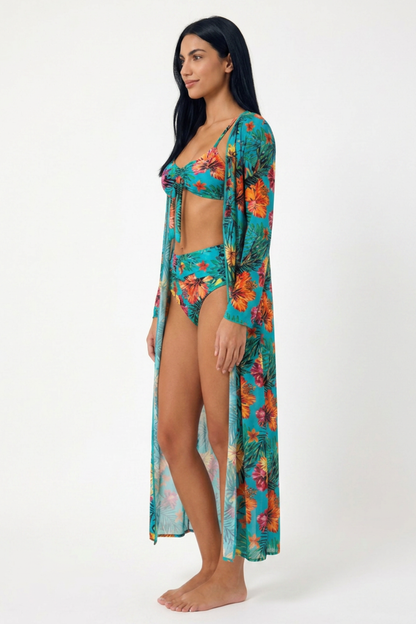 Bikini Tropical de 3 Piezas con Kimono