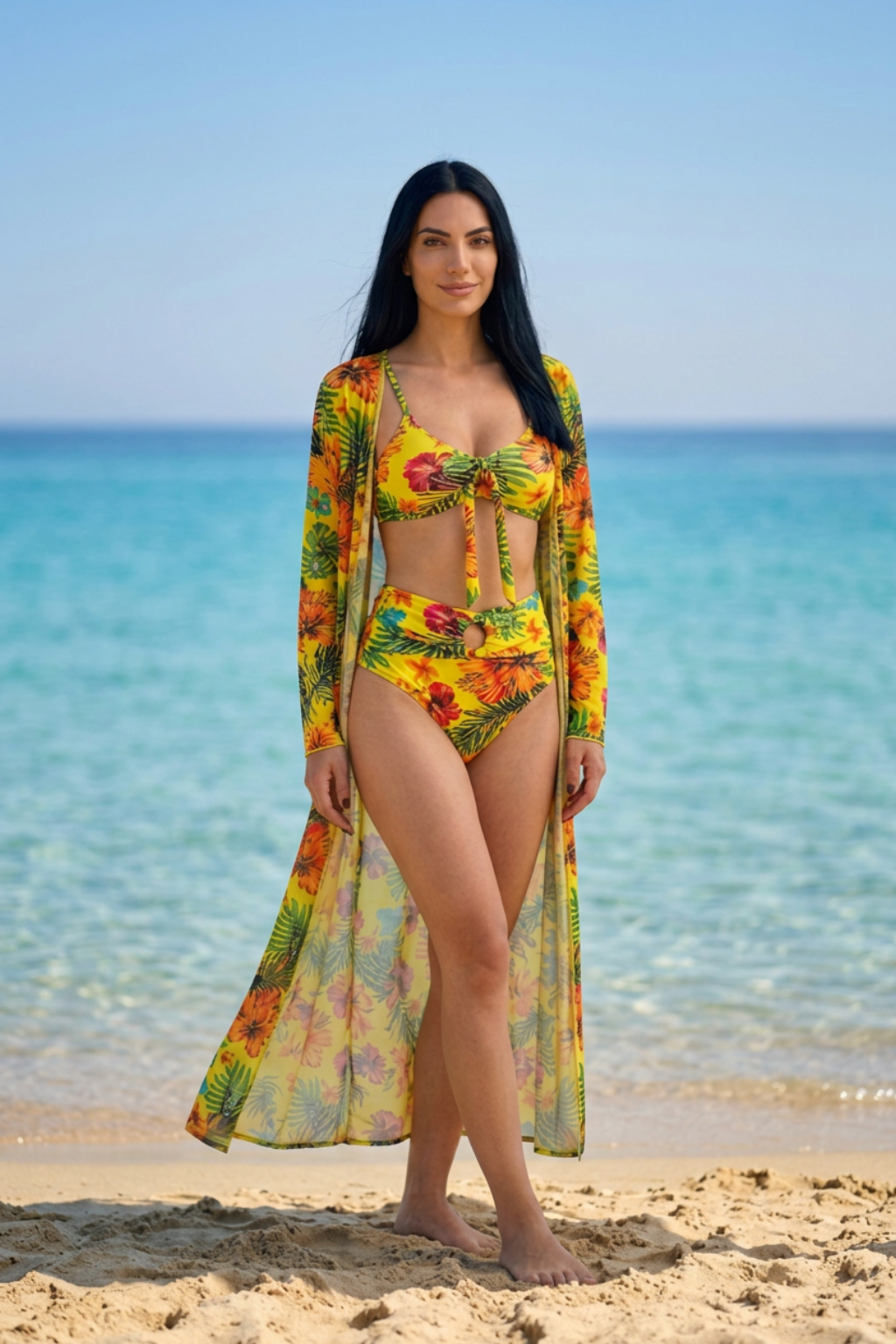 Bikini Tropical de 3 Piezas con Kimono