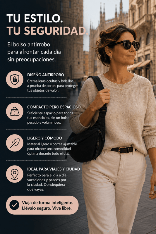 Bolso bandolera de nylon beige con diseño media luna de Vera Serrat, con asa ajustable y detalles elegantes.