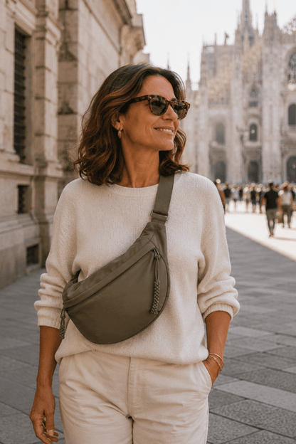 Bolso bandolera de nylon verde oliva con diseño media luna de la marca Vera Serrat, con correa ajustable y detalles elegantes