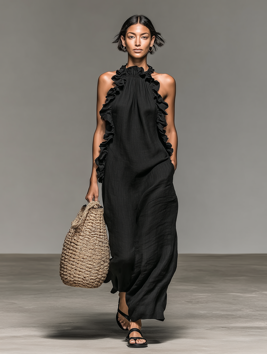 Vestido Maxi Fluido con Volantes y Bolsillos