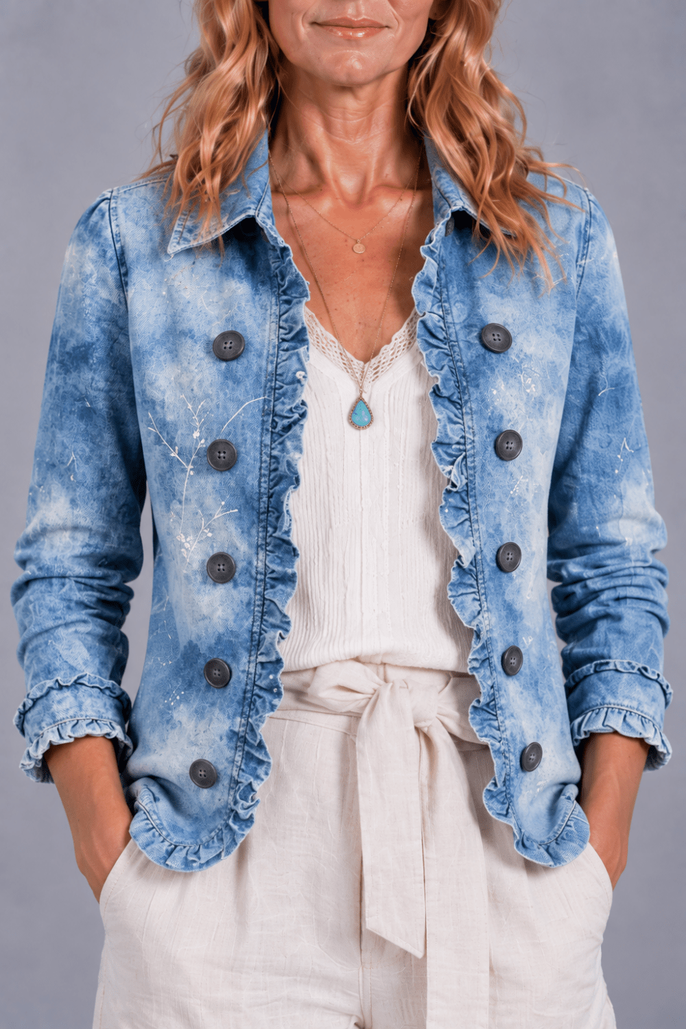 Chaqueta bohemia de Valentina Laurent con estampado botánico y volantes, exhibida en un fondo neutro.