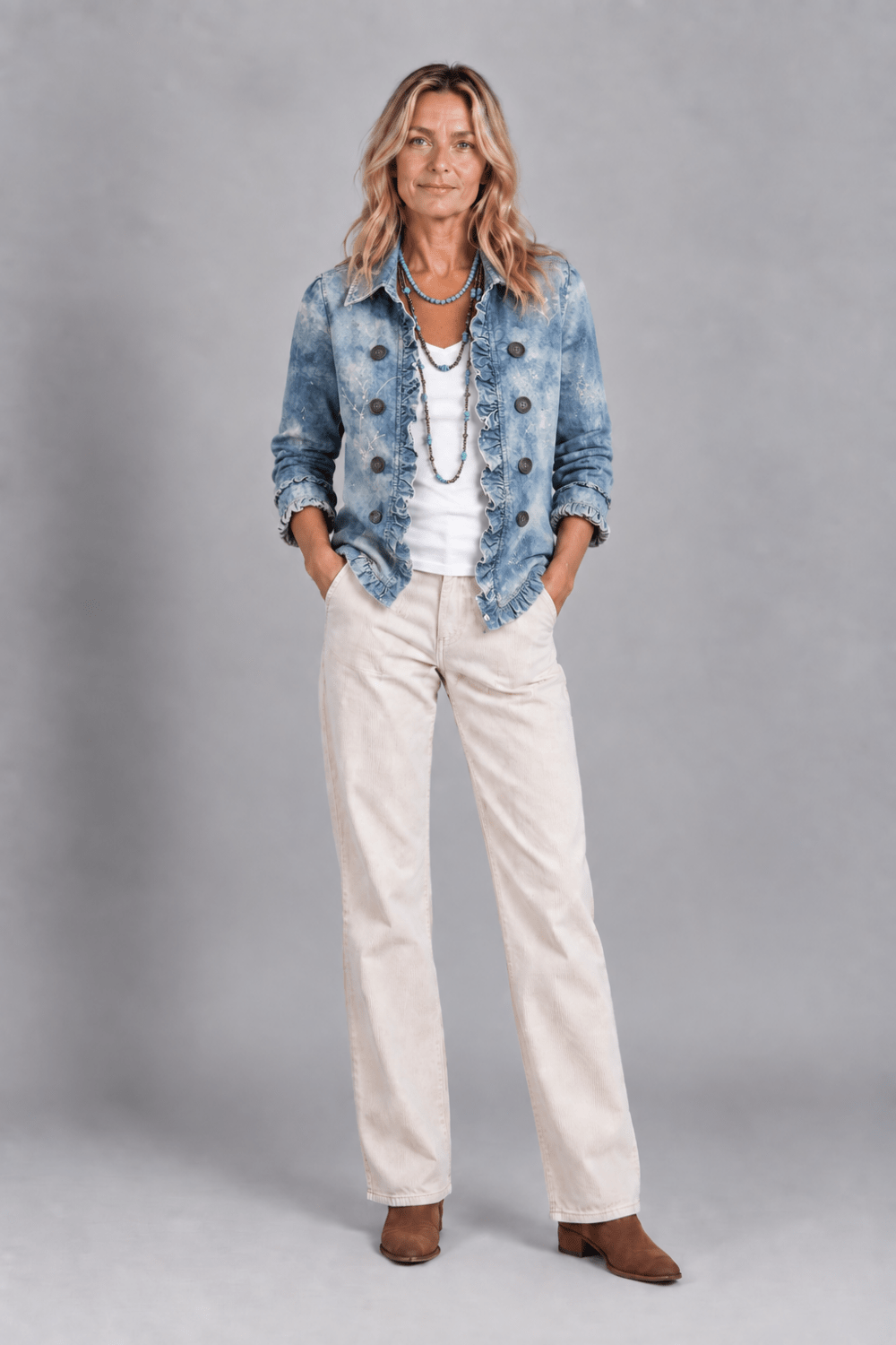 Chaqueta bohemia con estampado botánico y volantes de la marca Valentina Laurent, con detalles florales y estilo relajado.