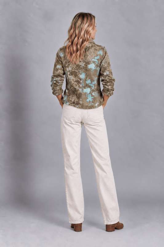 Chaqueta bohemia floral degradada con volantes de Valentina Laurent, con detalles de estilo bohemio y diseño femenino.