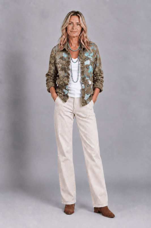 Chaqueta bohemia floral degradada con volantes de la marca Valentina Laurent, con detalles de volantes y estampado floral.