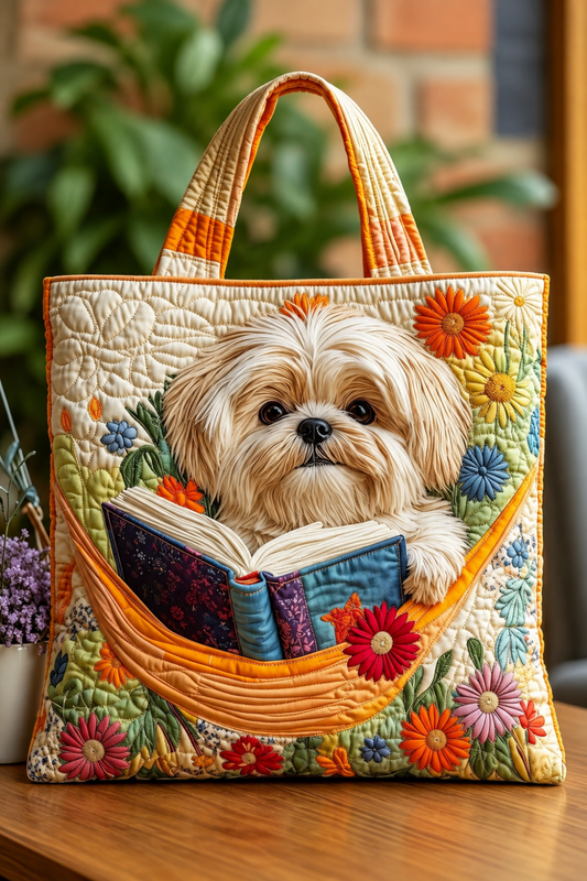 Lola | Bolso Acolchado Artesanal con Perro Shih Tzu, Libros y Flores - Vera Serrat