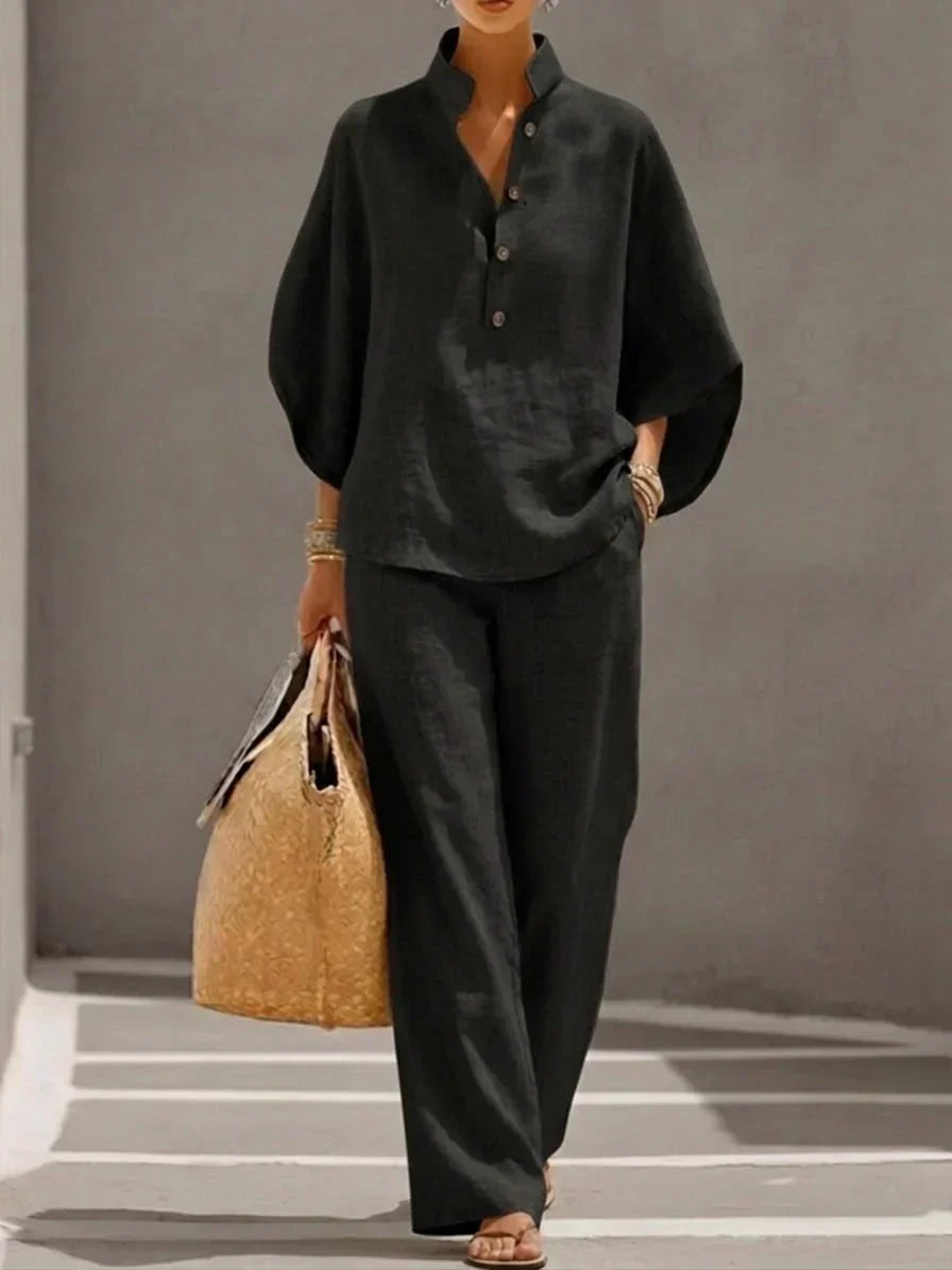 Maribel | Conjunto de lino fluido con blusa y pantalón ancho