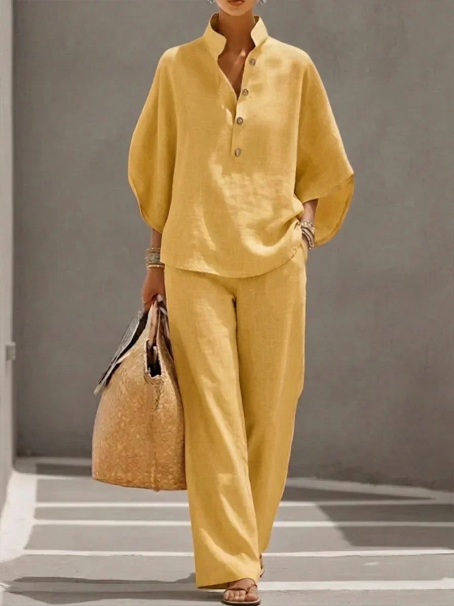 Maribel | Conjunto de lino fluido con blusa y pantalón ancho