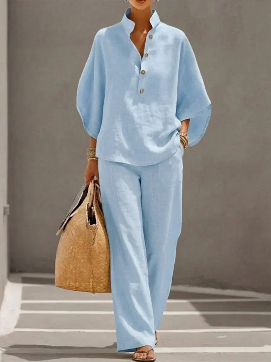 Maribel | Conjunto de lino fluido con blusa y pantalón ancho