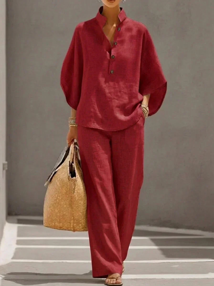 Maribel | Conjunto de lino fluido con blusa y pantalón ancho