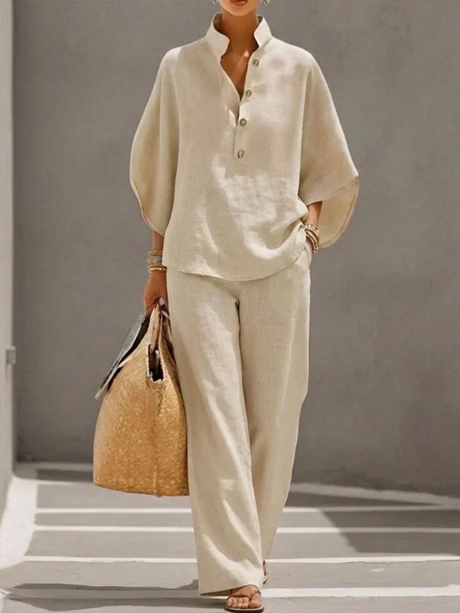 Maribel | Conjunto de lino fluido con blusa y pantalón ancho