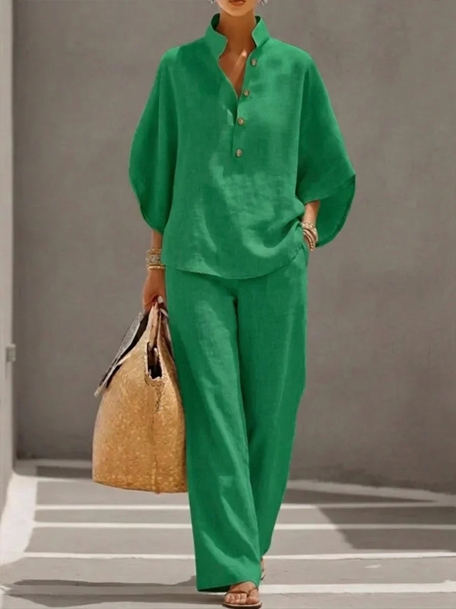 Maribel | Conjunto de lino fluido con blusa y pantalón ancho
