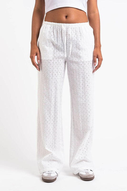 Pantalón de lino blanco con encaje de estilo recto de MADLADY, diseño elegante y fresco para mujer.