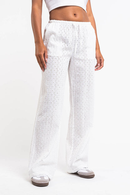 Pantalones de lino con encaje de color blanco de MADLADY, pantalones rectos con detalles de encaje en la cintura y las piernas.