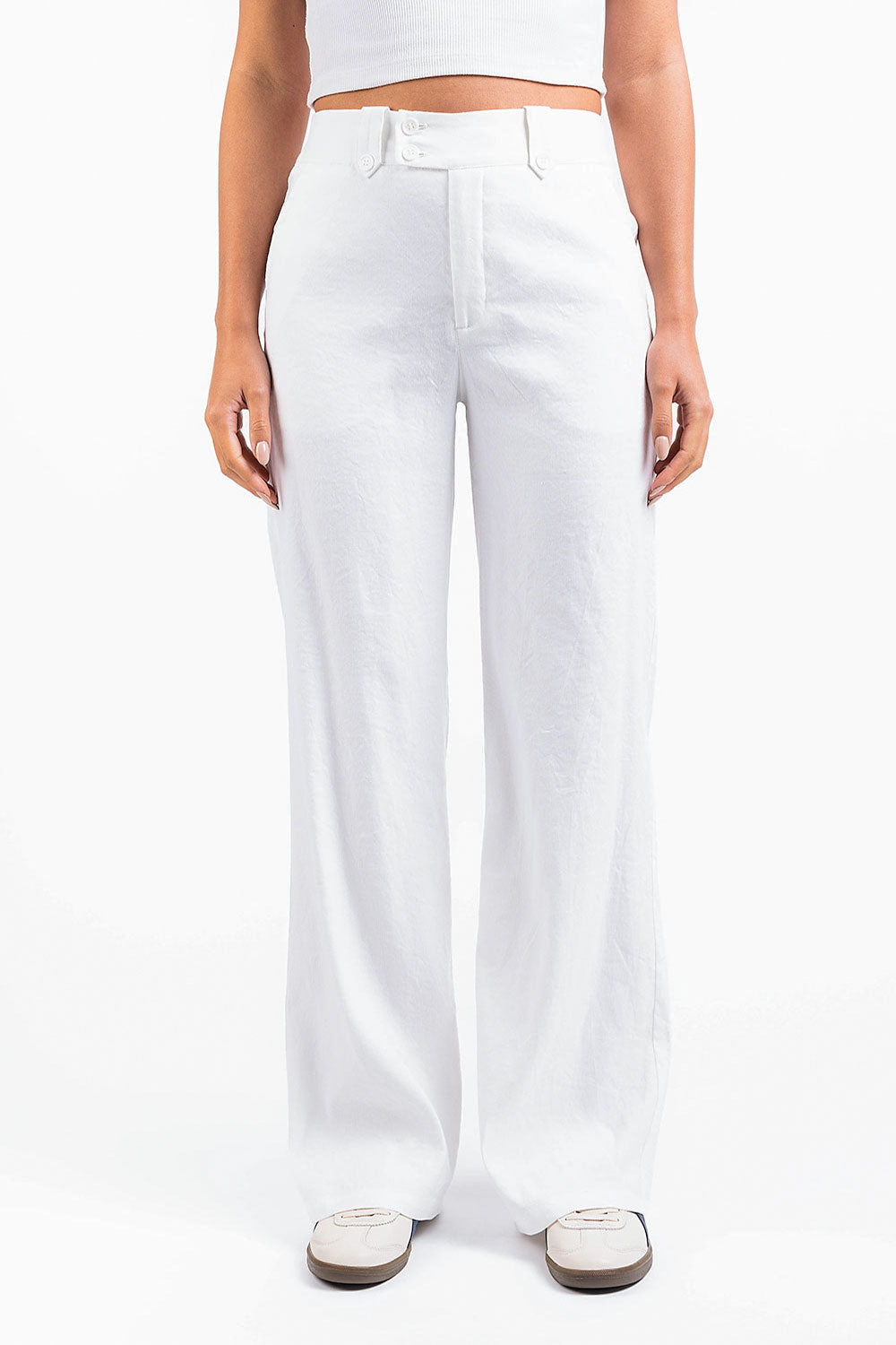 Pantalón recto de tiro alto MADLADY en lino blanco, pantalones de moda con corte ajustado y diseño elegante.