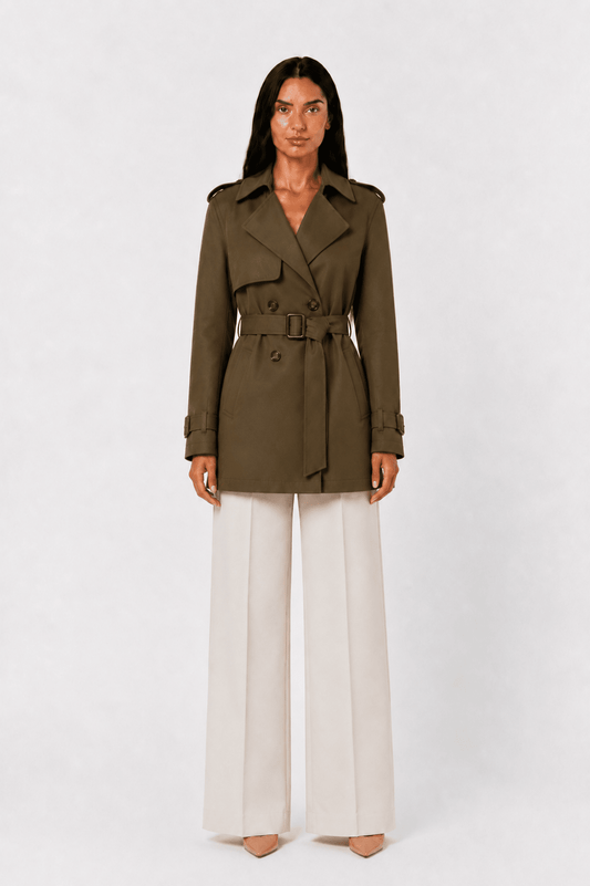 Abrigo trench corto con cinturón de la marca Vera Serrat, en color neutro, mostrando su diseño elegante y cinturón ajustable.