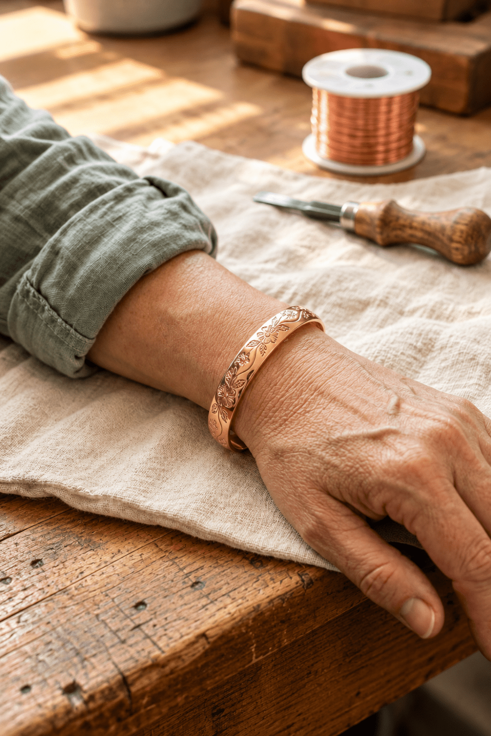 Vera | Pulsera de Cobre con Flores y Enredaderas Grabadas a Mano - Vera Serrat