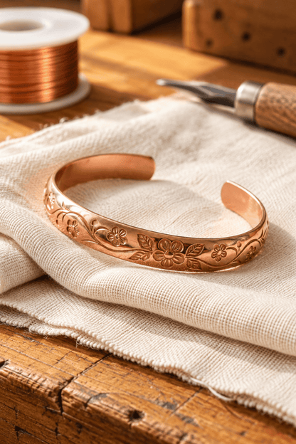 Vera | Pulsera de Cobre con Flores y Enredaderas Grabadas a Mano - Vera Serrat