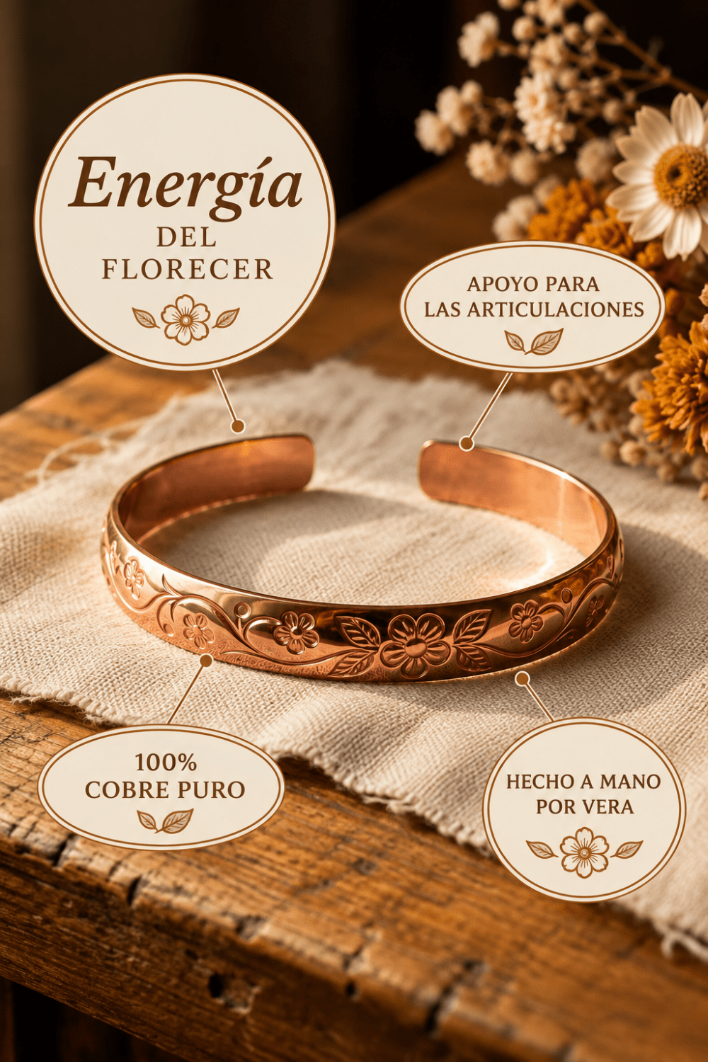 Vera | Pulsera de Cobre con Flores y Enredaderas Grabadas a Mano - Vera Serrat