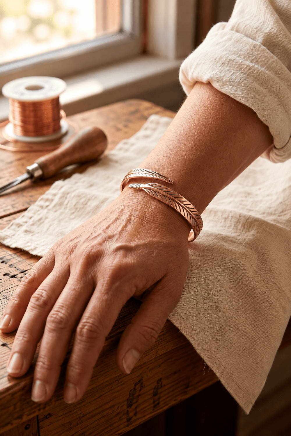 Vera | Pulsera de Cobre con Pluma Grabada a Mano - Vera Serrat