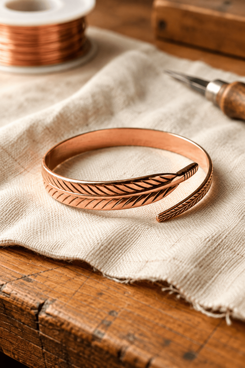 Vera | Pulsera de Cobre con Pluma Grabada a Mano - Vera Serrat