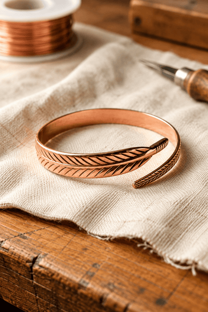 Vera | Pulsera de Cobre con Pluma Grabada a Mano - Vera Serrat