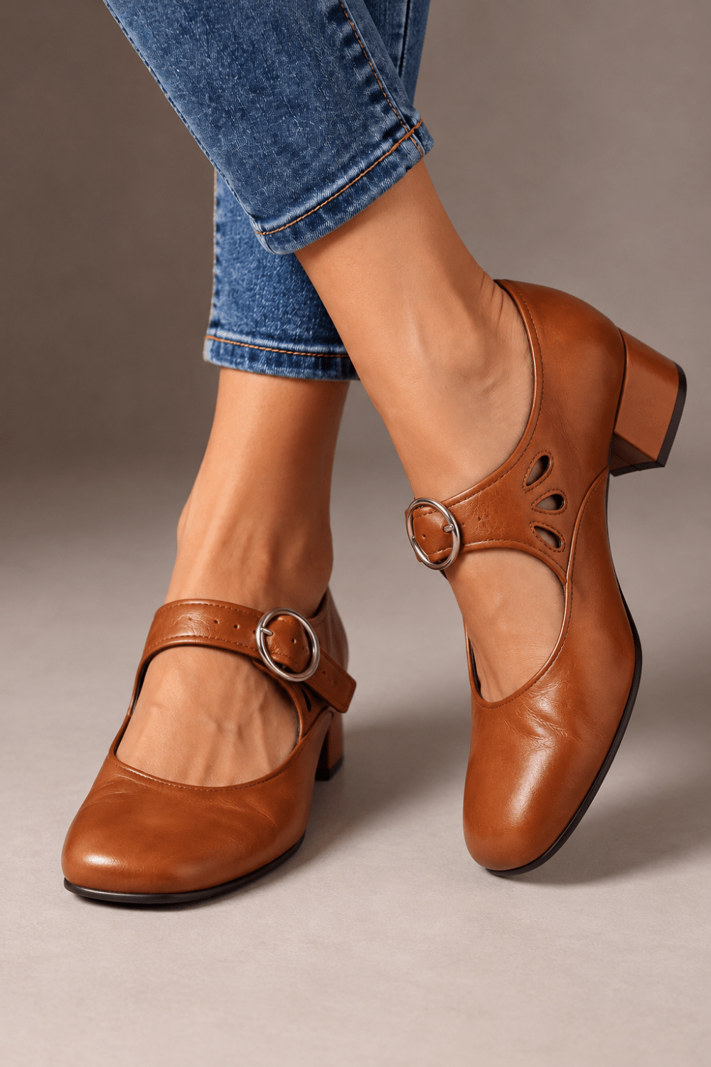 Verónica | Zapatos de Cuero con Tacón Bajo y Hebilla Ajustable - Vera Serrat
